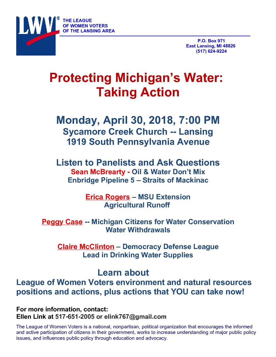 April 30th Lansing Women Voters Event: Protecting Michigan’s Water